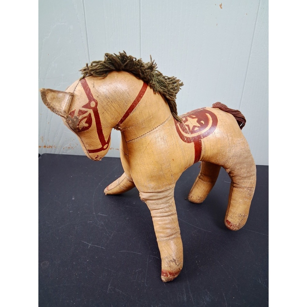 Vintage Oil Cloth Horse Pony Stuffed MCM Primitive Antique Style Hand Painted